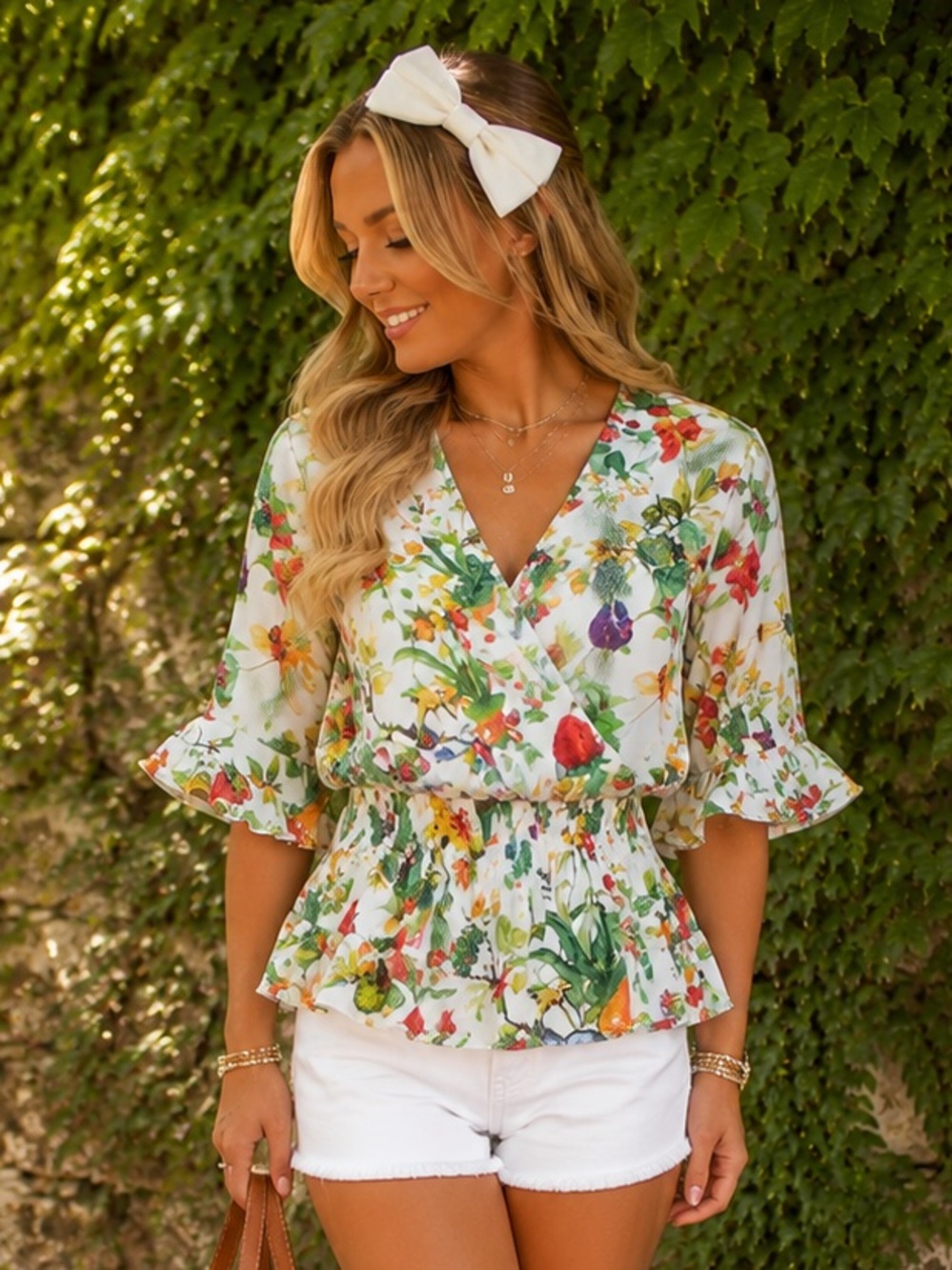 PHILOSOPHY Fruit Print Chiffon Ruffled Peplum Cottagecore Blouse, S